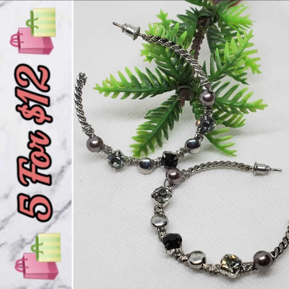E0223 Silver Coiled Crystal Accent Open Back Hoops - Picture 1 of 8